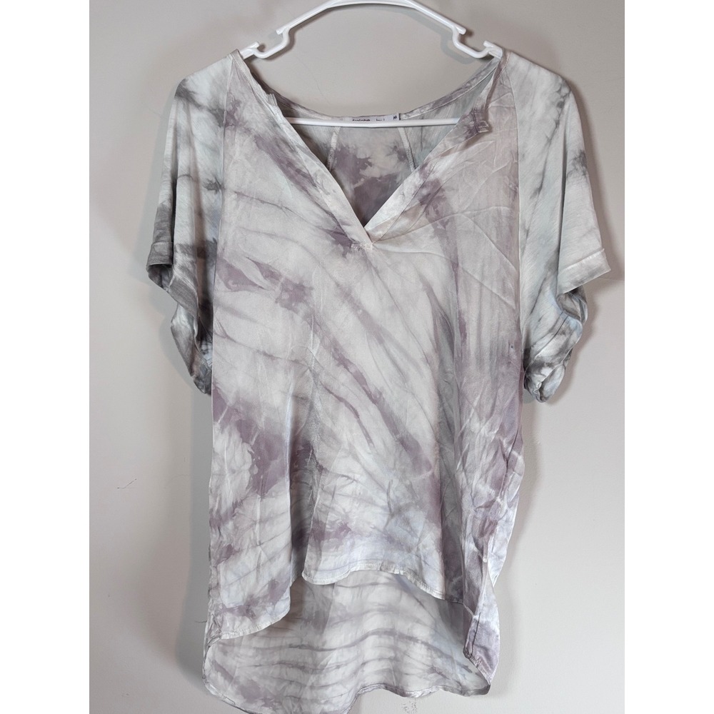 Fraiche by J Womens 100% Silk Tie Dye V-Neck Blouse Grey White Short Sleeve M